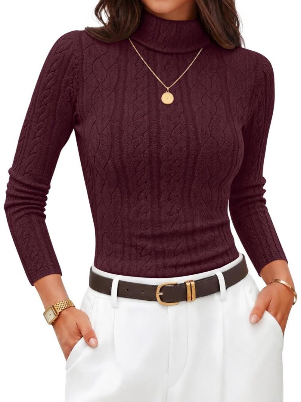 Women Burgundy Cable Knit Turtleneck Long Sleeve Ruched Slim Fitted Pullover Top